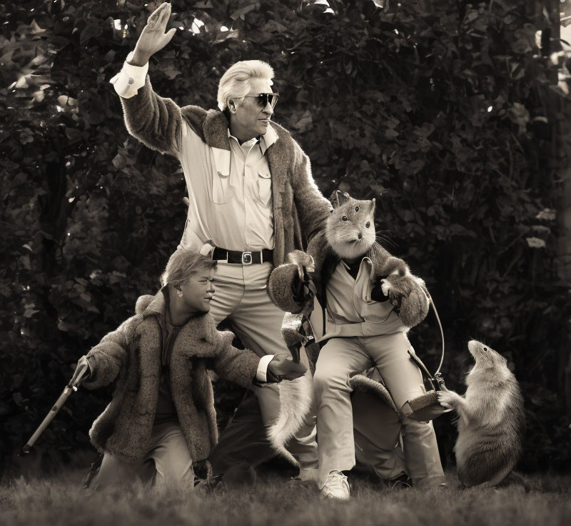 Sepia-Toned Photo: Three People in "Fantastic Mr. Fox" Costumes with Live Fox