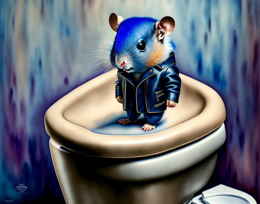 Anthropomorphic mouse in leather jacket on toilet seat against blue streaked background