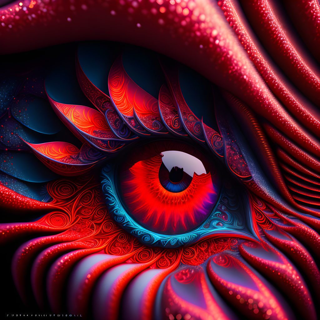 Vivid digital artwork of stylized eye with red and blue feather patterns