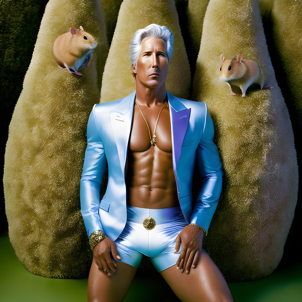 Silver-haired man in blue suit with corn motif, hamsters, and corn husks.