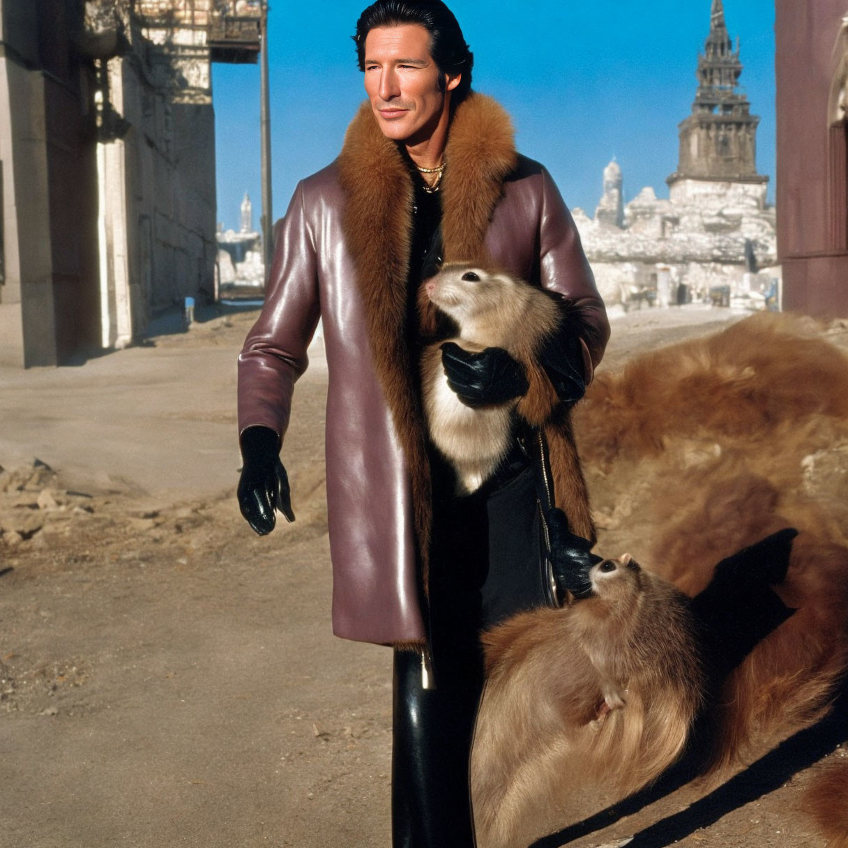 Man in Luxurious Fur Coat and Leather Gloves Stands Confidently