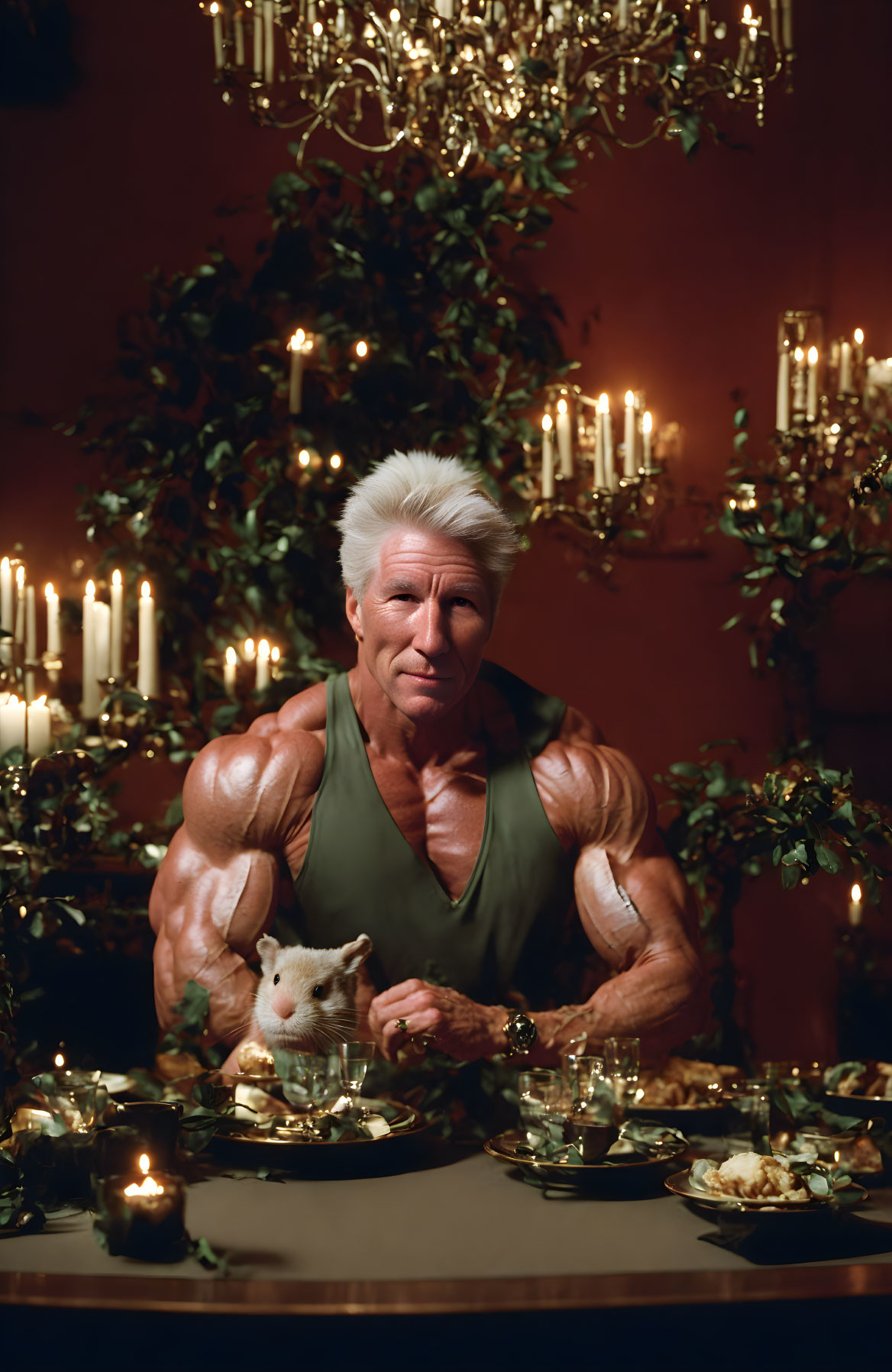 White-haired muscular person at elegant table with candles and rodent.