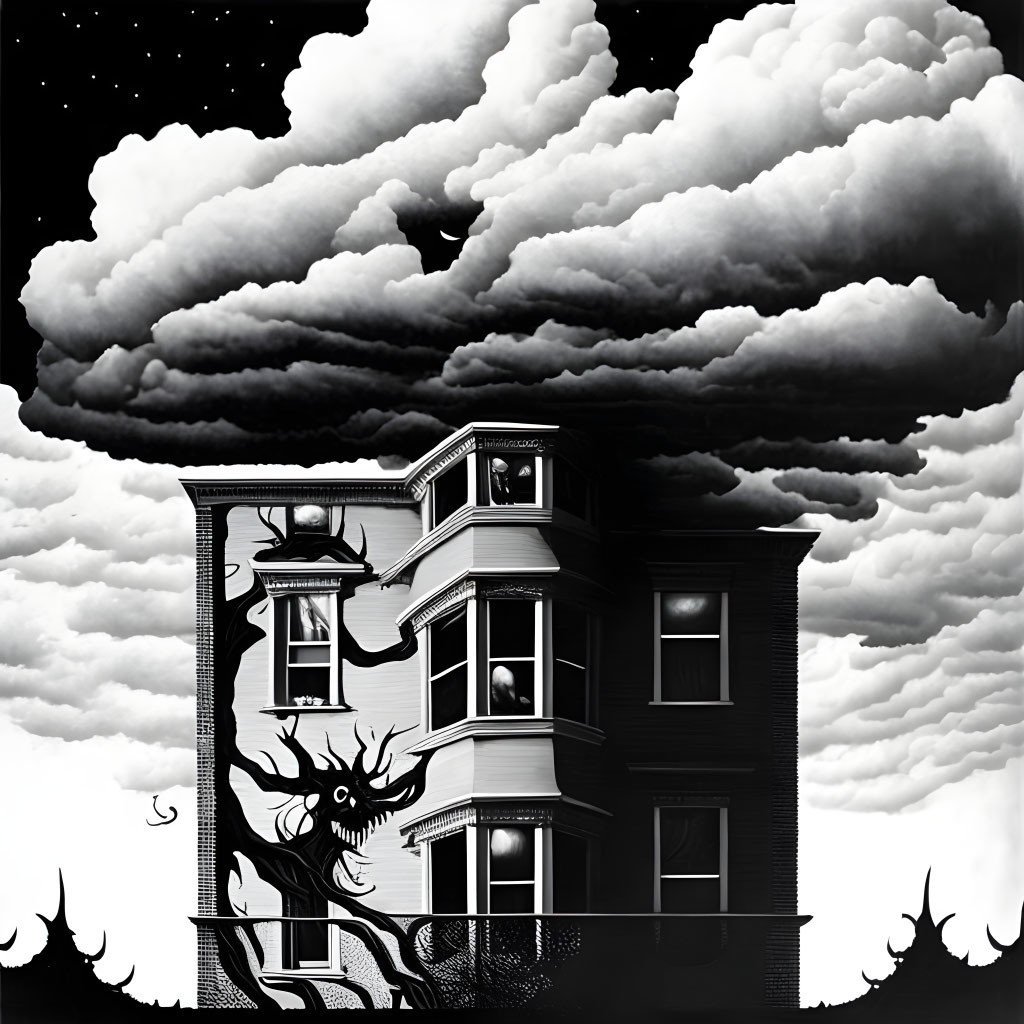 Monochrome Victorian house illustration with menacing tree and flames