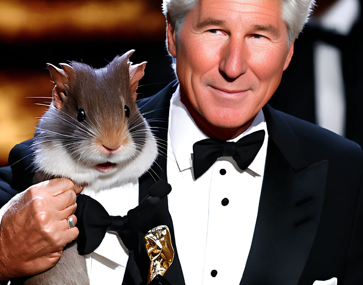 Man in black tuxedo with statuette and photoshopped hamster shoulder