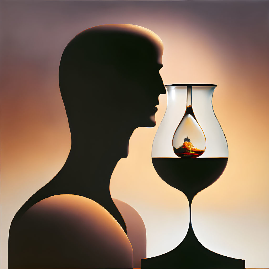 Silhouette of a person's profile and hourglass optical illusion with ship on water scene blending.