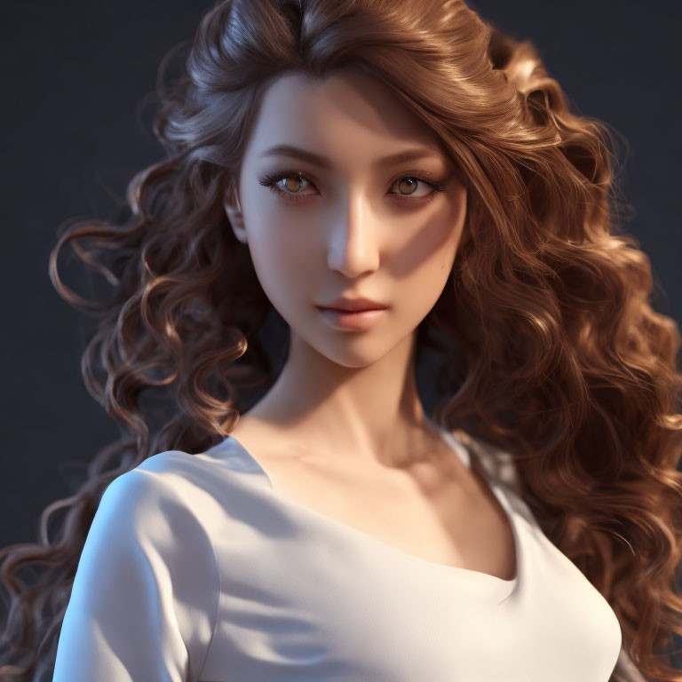 Woman with flowing curly hair and hazel eyes in white top on dark background