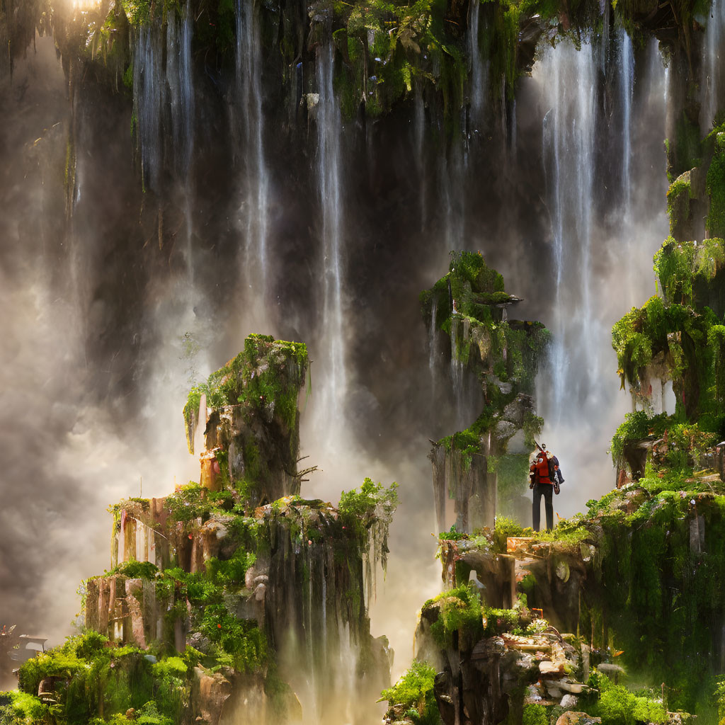 Person in red jacket on lush green cliff with cascading waterfalls