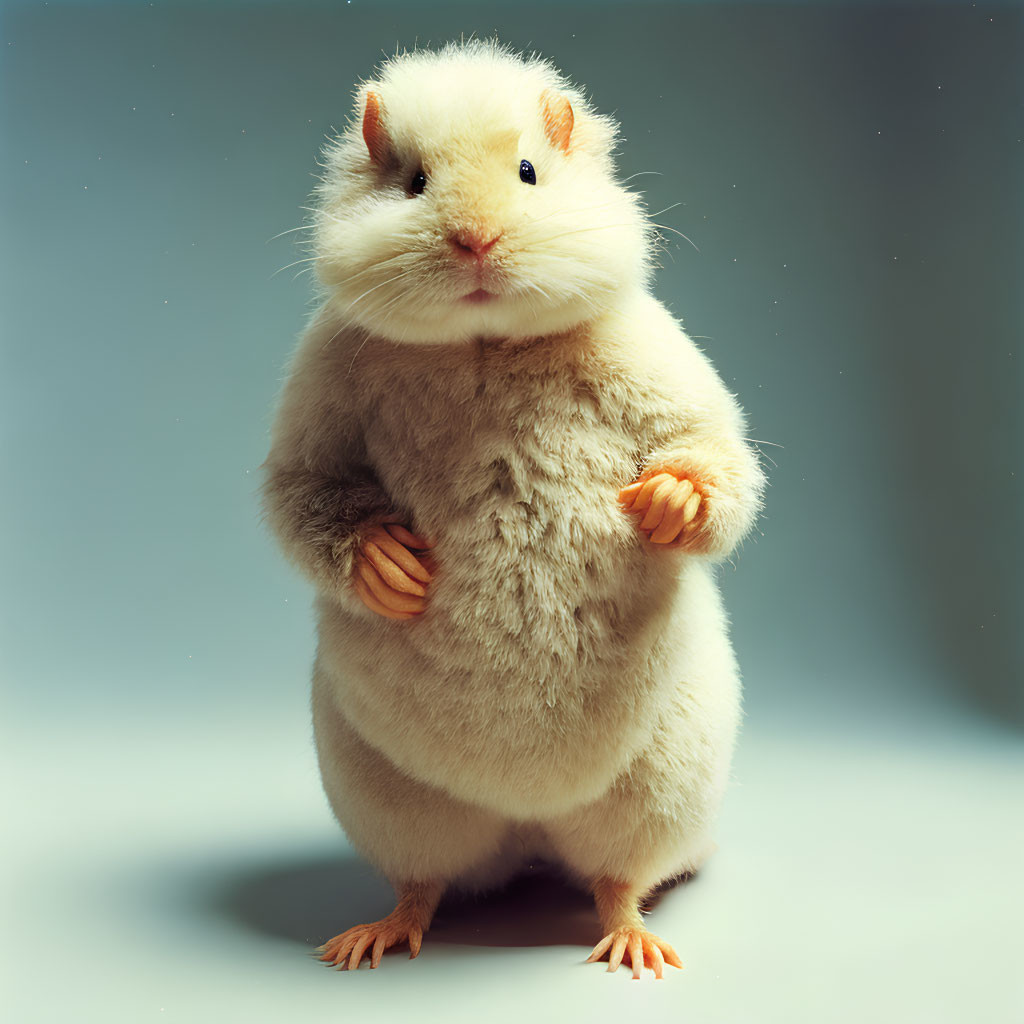 White and light brown chubby hamster standing on hind legs against blue-gray background