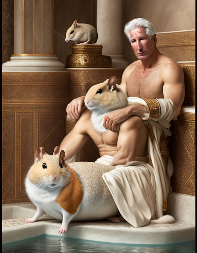 Elderly man with silver hair in classical setting with oversized hamsters