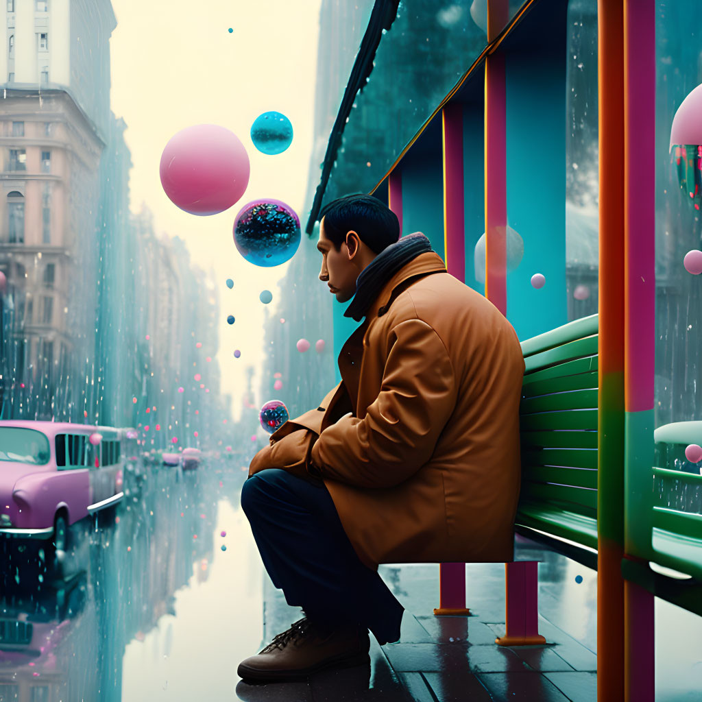 Person sitting on green bench in colorful, rainy cityscape with floating bubbles