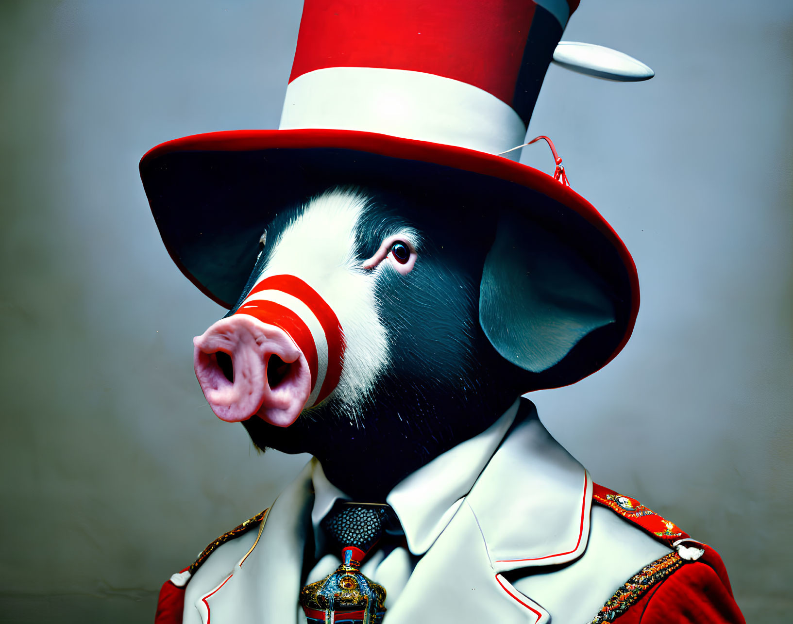 Circus-themed pig in red and white outfit on grey background