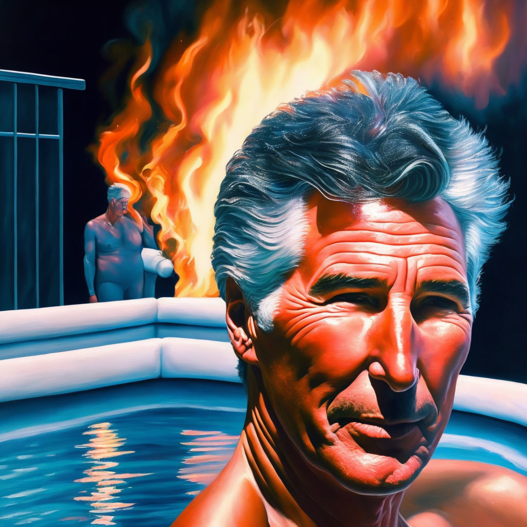 Grey-Haired Man Calm Amid Flames, Another Figure by Pool