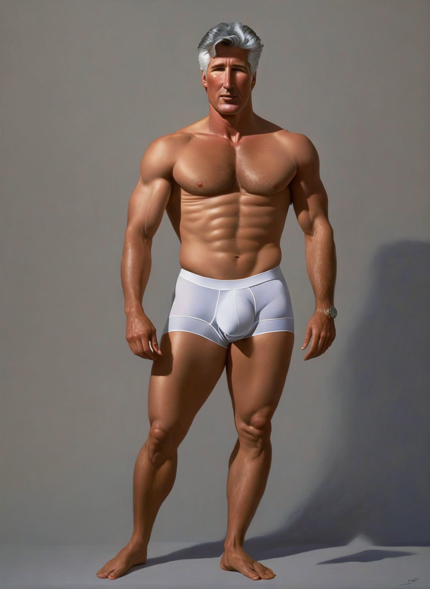 Muscular character with silver hair and white briefs displaying superhero-like physique