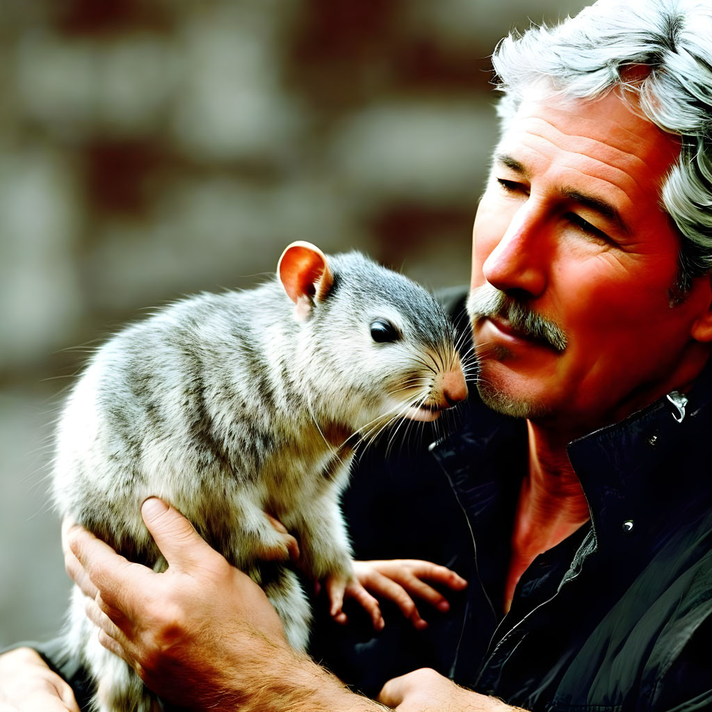 Gray-haired man smiling at large squirrel on his arm