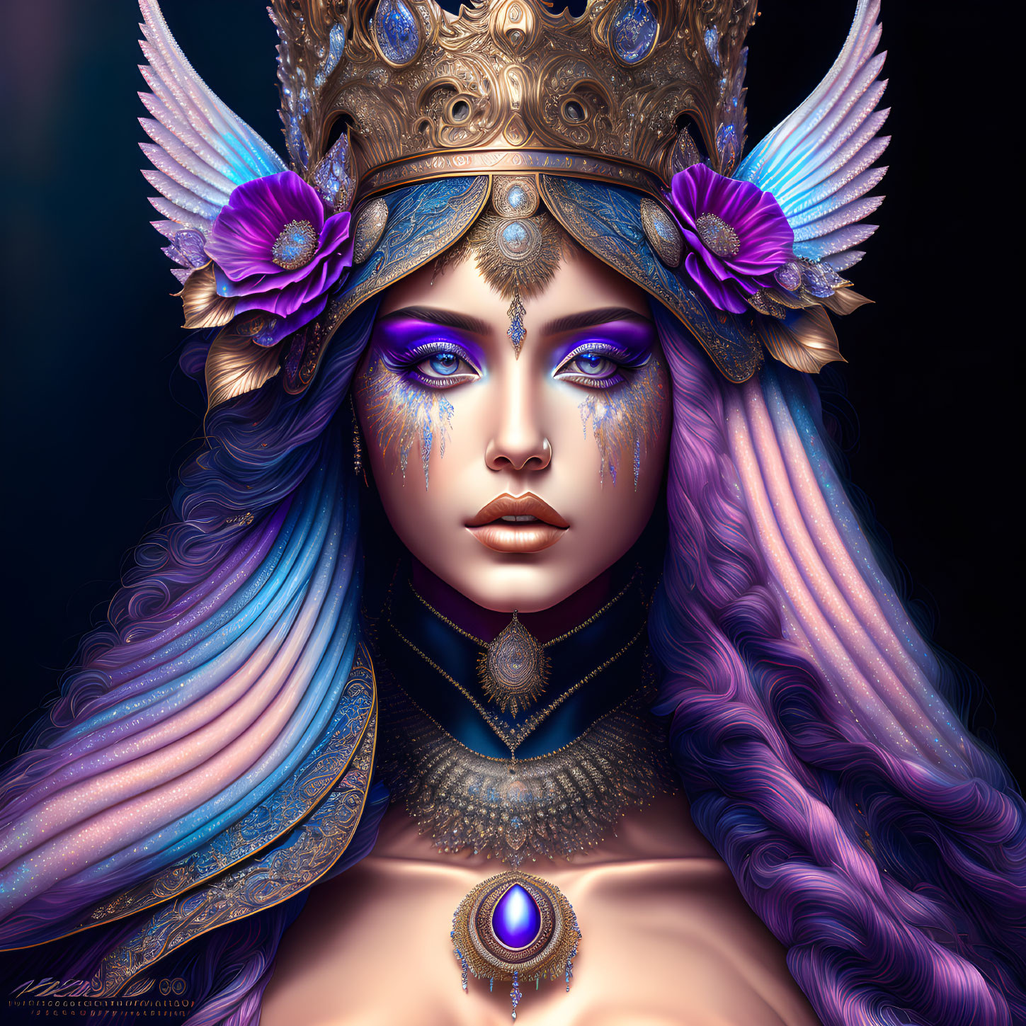 Fantasy portrait of woman with purple hair, gold crown, blue makeup, and ornate jewelry