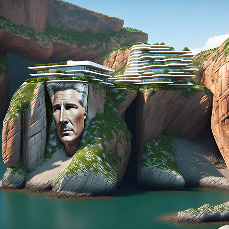 Futuristic building carved into mountain face over water