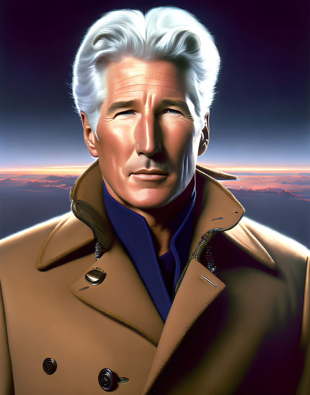 Silver-Haired Man in Tan Overcoat Against Sunset Sky Background