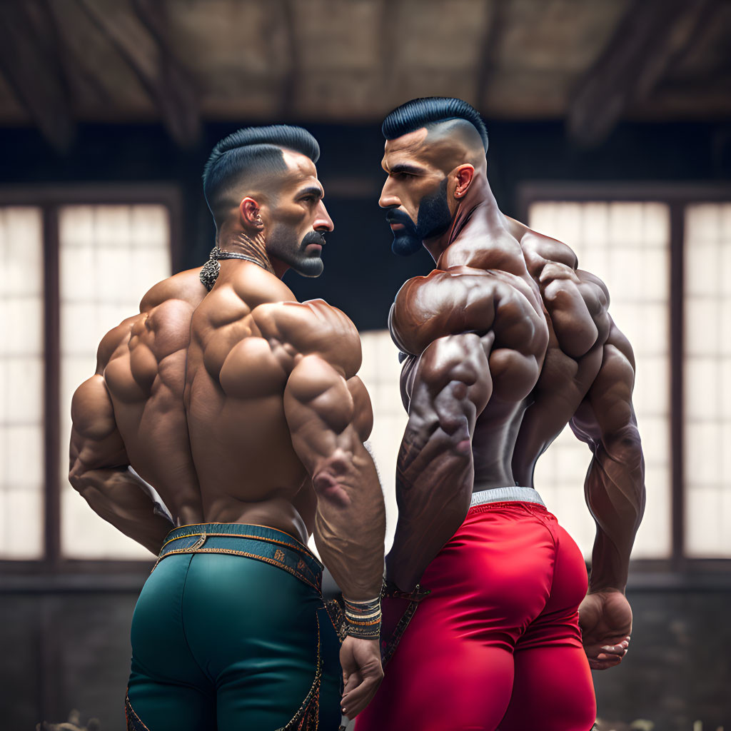 Muscular Men in Styled Facial Hair and Tight Shorts Posing Back-to-Back