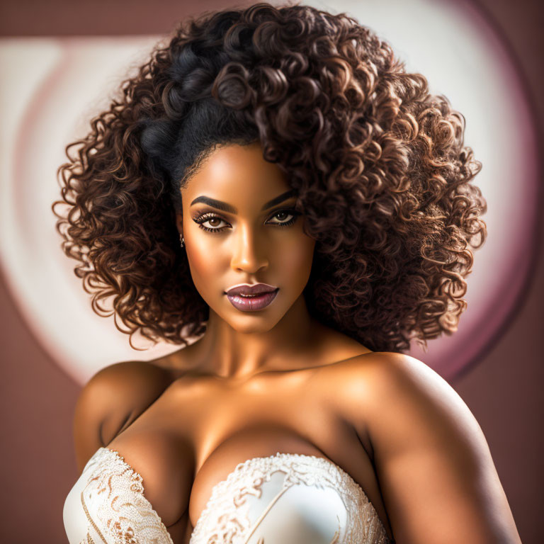 Curly-haired woman posing elegantly against circular background