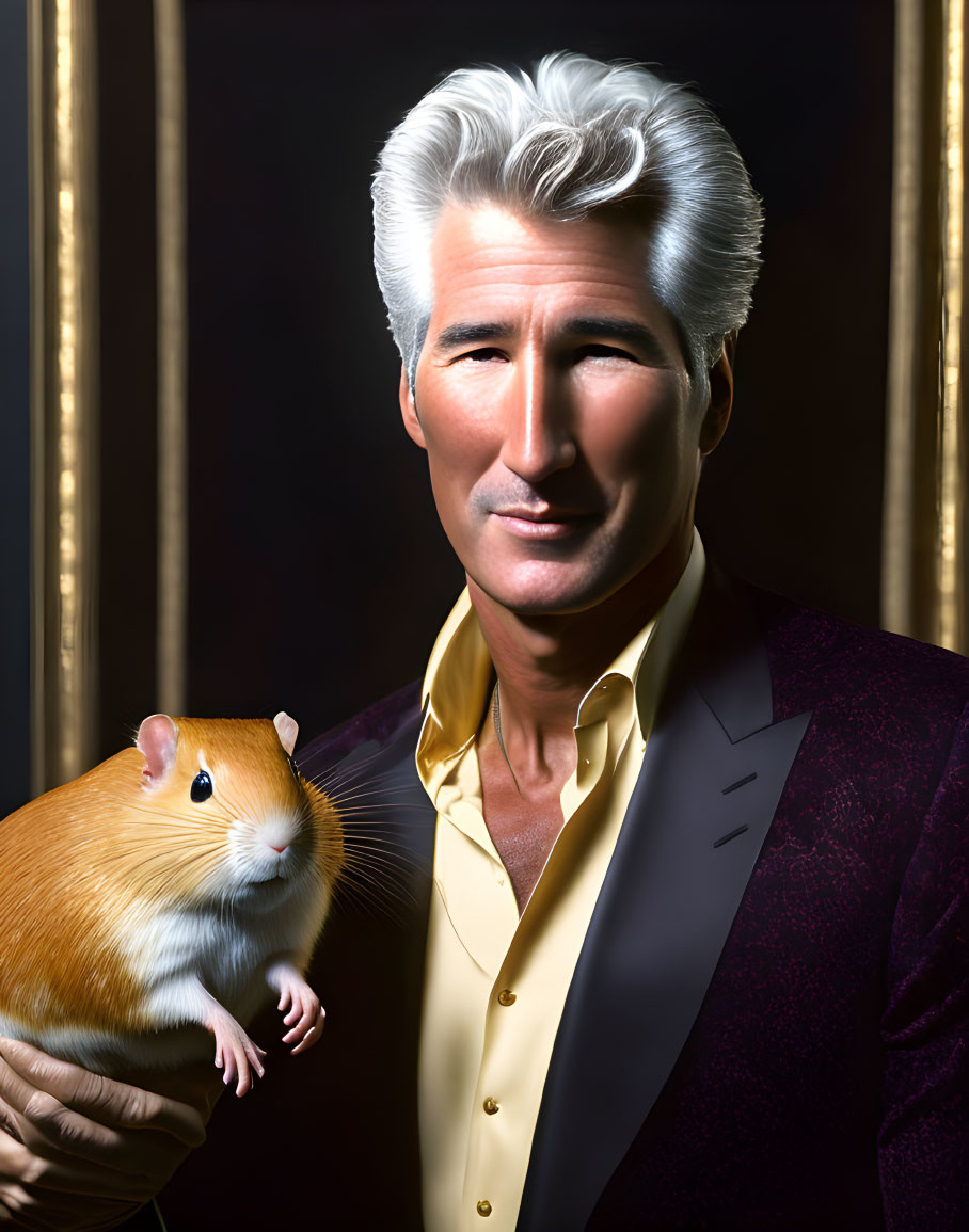 Elegant older man with silver hair in burgundy jacket holding hamster