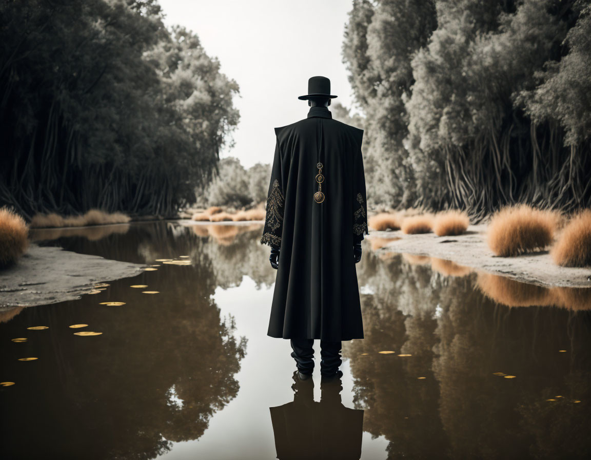 Mysterious figure in cloak and top hat near tranquil water and moody forest