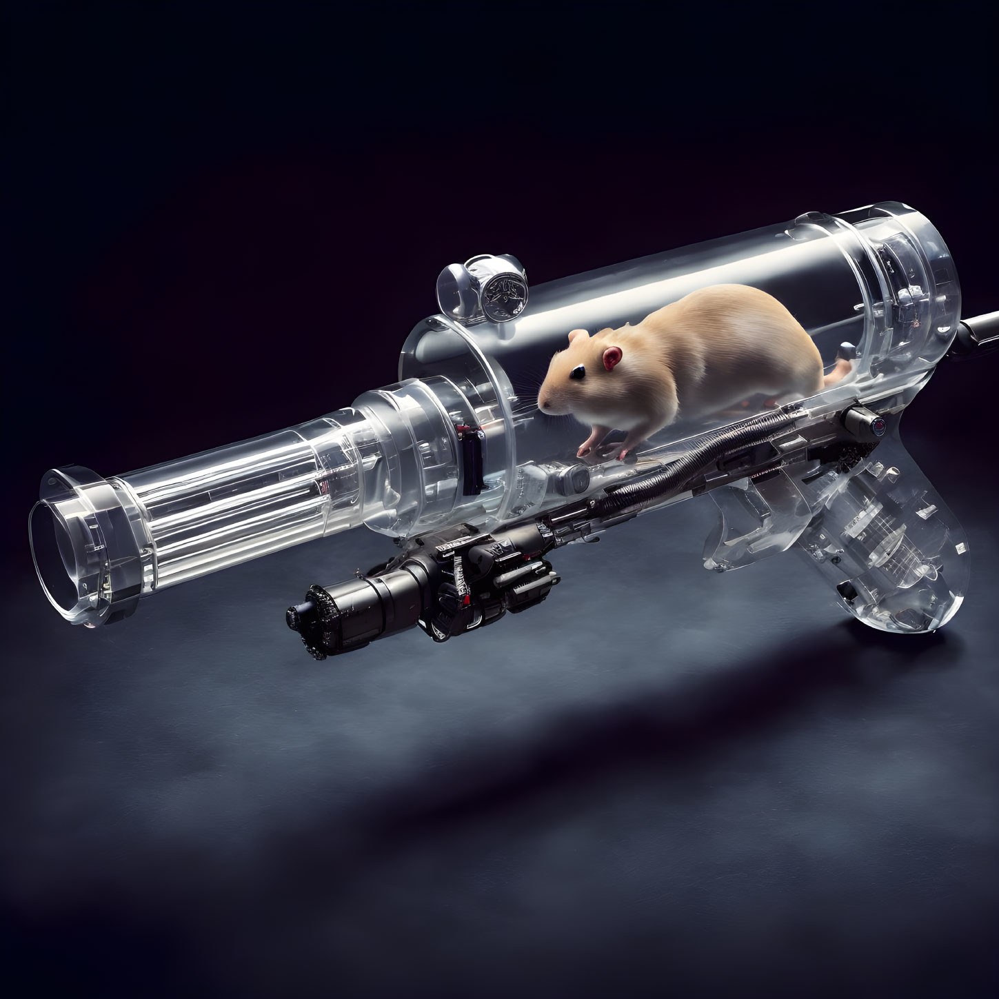 Transparent futuristic tube with mouse inside, against dark background