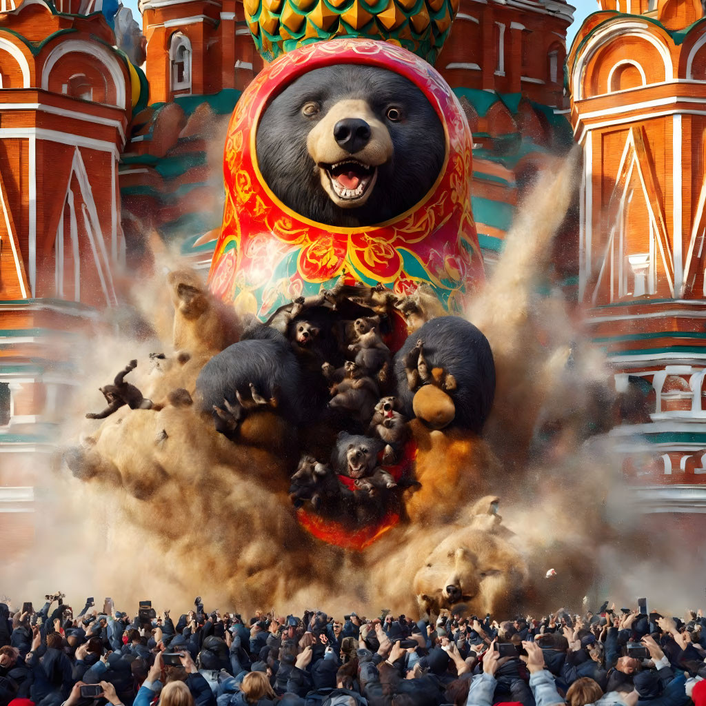 Giant bear balloon bursting over colorful crowd and onion-domed building