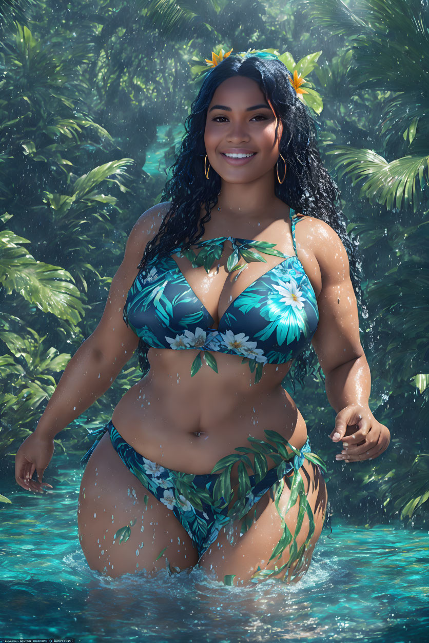 Woman in floral bikini smiling in tropical setting with water droplets and lush greenery.