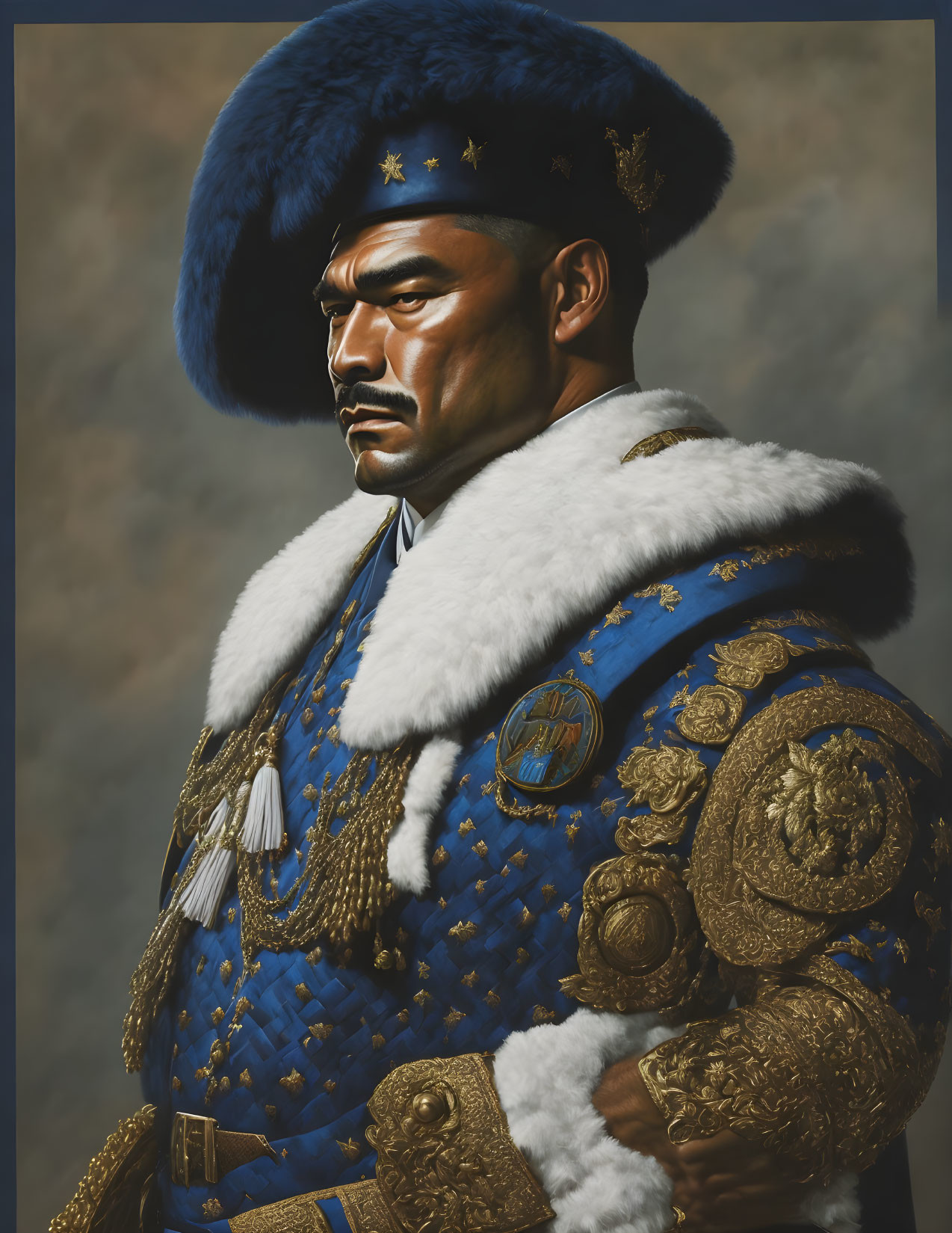 Luxurious Blue and Gold Military Uniform with Fur Hat and Medals