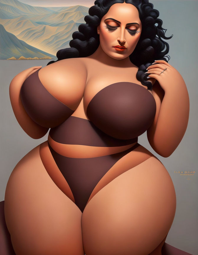 Voluptuous Woman in Brown Undergarments with Mountain Background