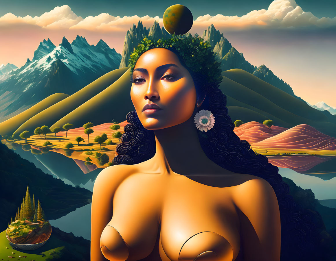 Digital art: Woman's portrait merges with landscape, hair as forest, tree and apple atop head,