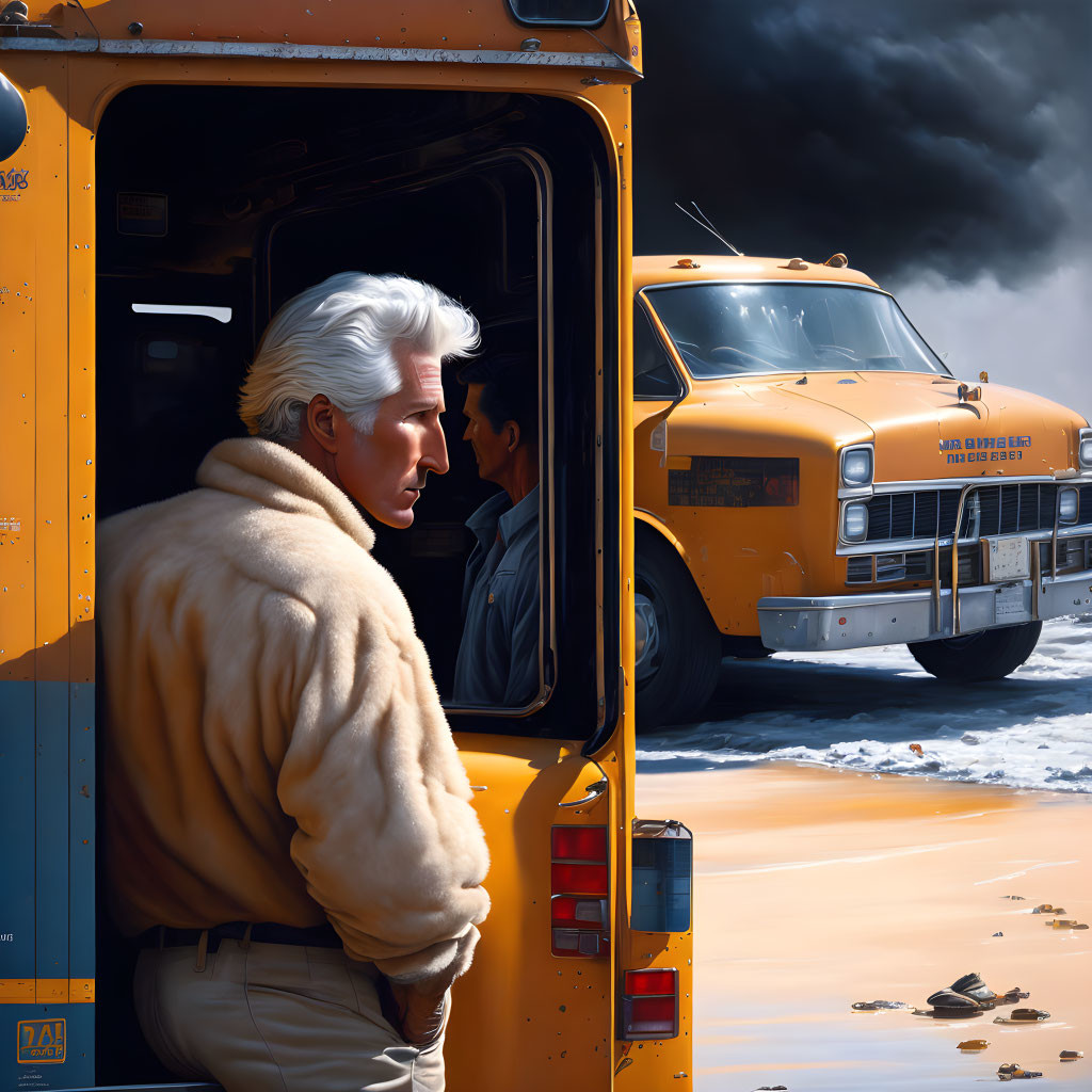 Silver-haired man in cream jacket exits yellow school bus on sandy terrain with stormy skies, another person