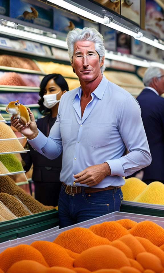 White-Haired Man with Hot Dog at Colorful Fruit Stand