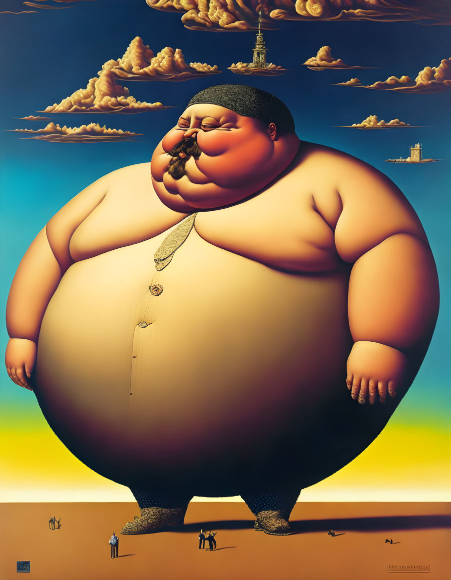 Exaggeratedly obese man on beach with surreal background