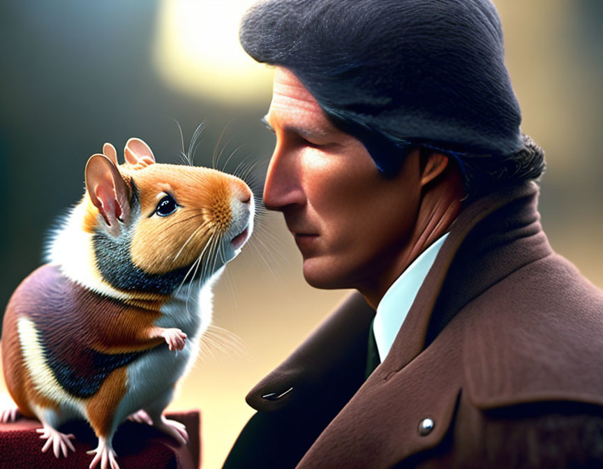 Vintage man in hat and coat meets colorful rodent in soft background