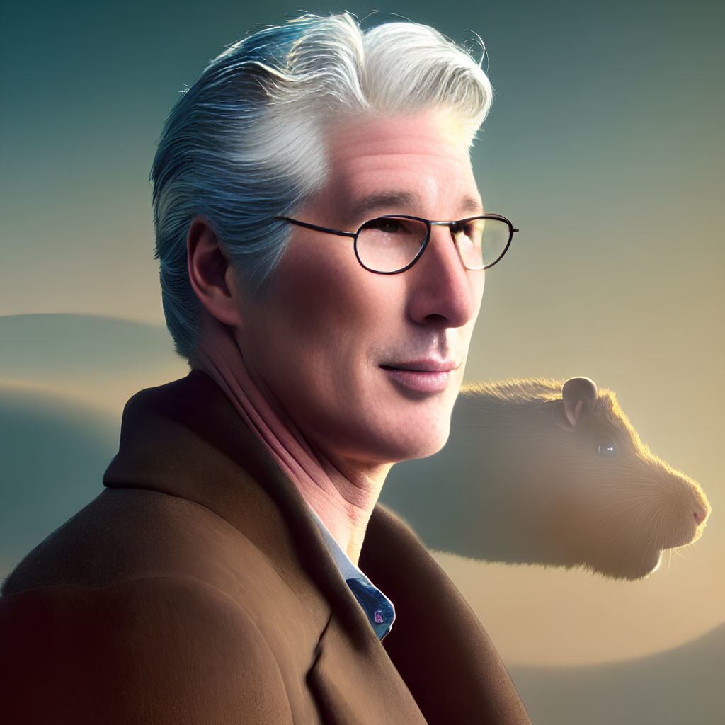 Human with Guinea Pig Face, Silver Hair, Glasses, Brown Coat