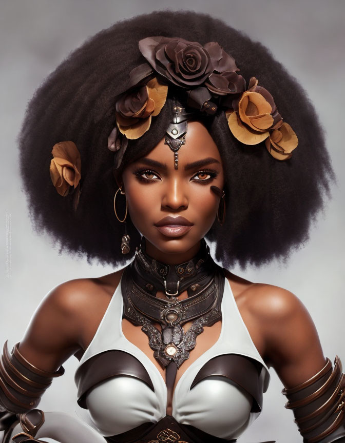 Digital artwork: Woman with voluminous afro, brown flowers, metallic headpiece, white & black