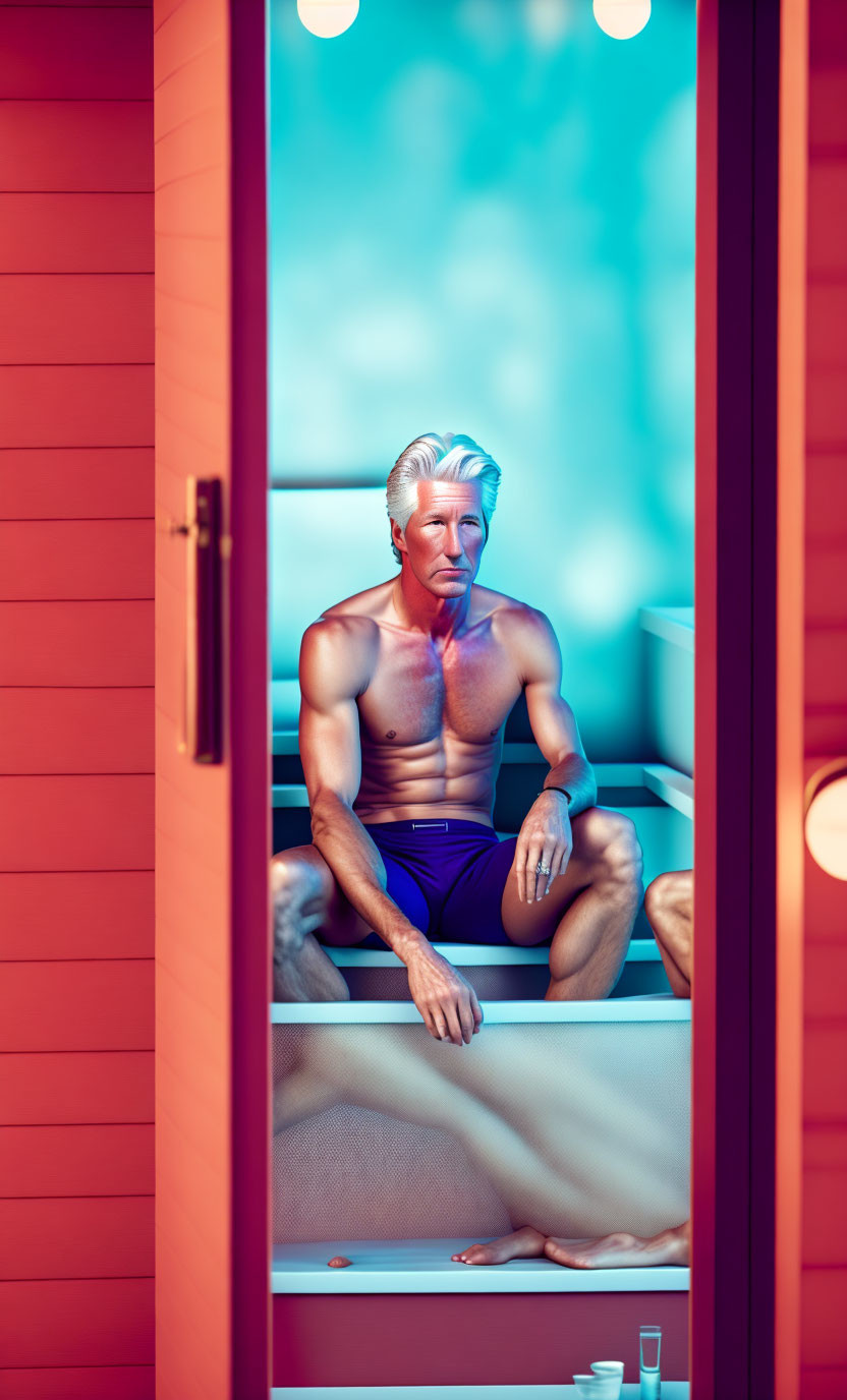 Silver-Haired Man Contemplating in Sauna with Wooden Benches and Red Door