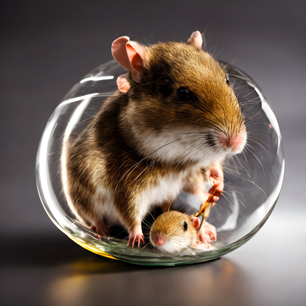 Mouse in transparent sphere with reflective surface on dark gray background