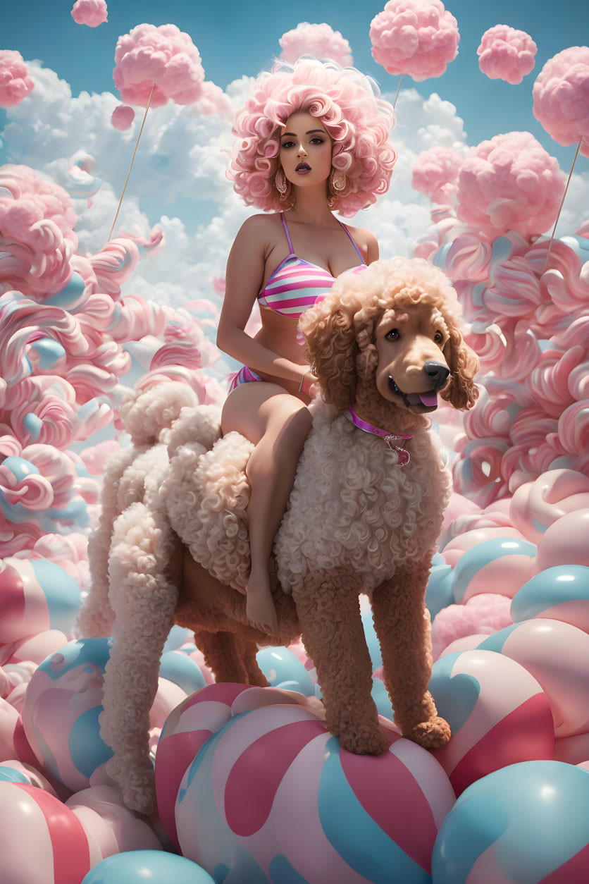 Pink-haired woman in striped swimsuit riding poodle in whimsical landscape