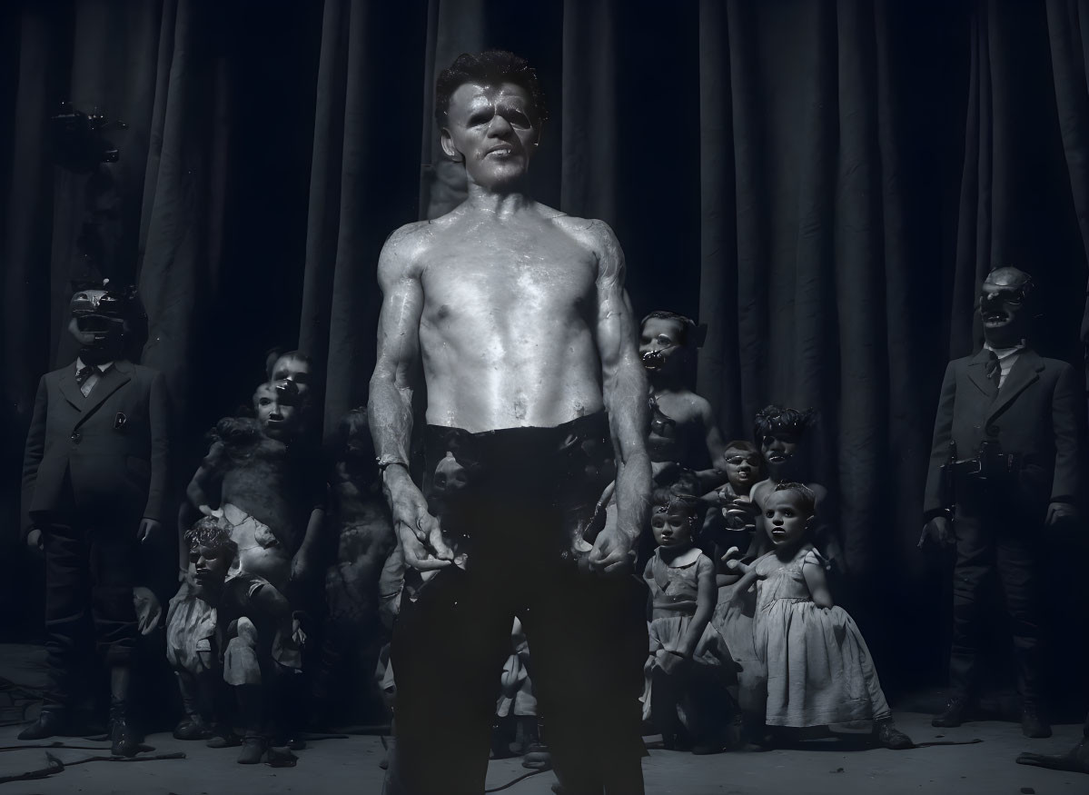 Greyscale image: Shirtless man surrounded by ominous figures and dolls