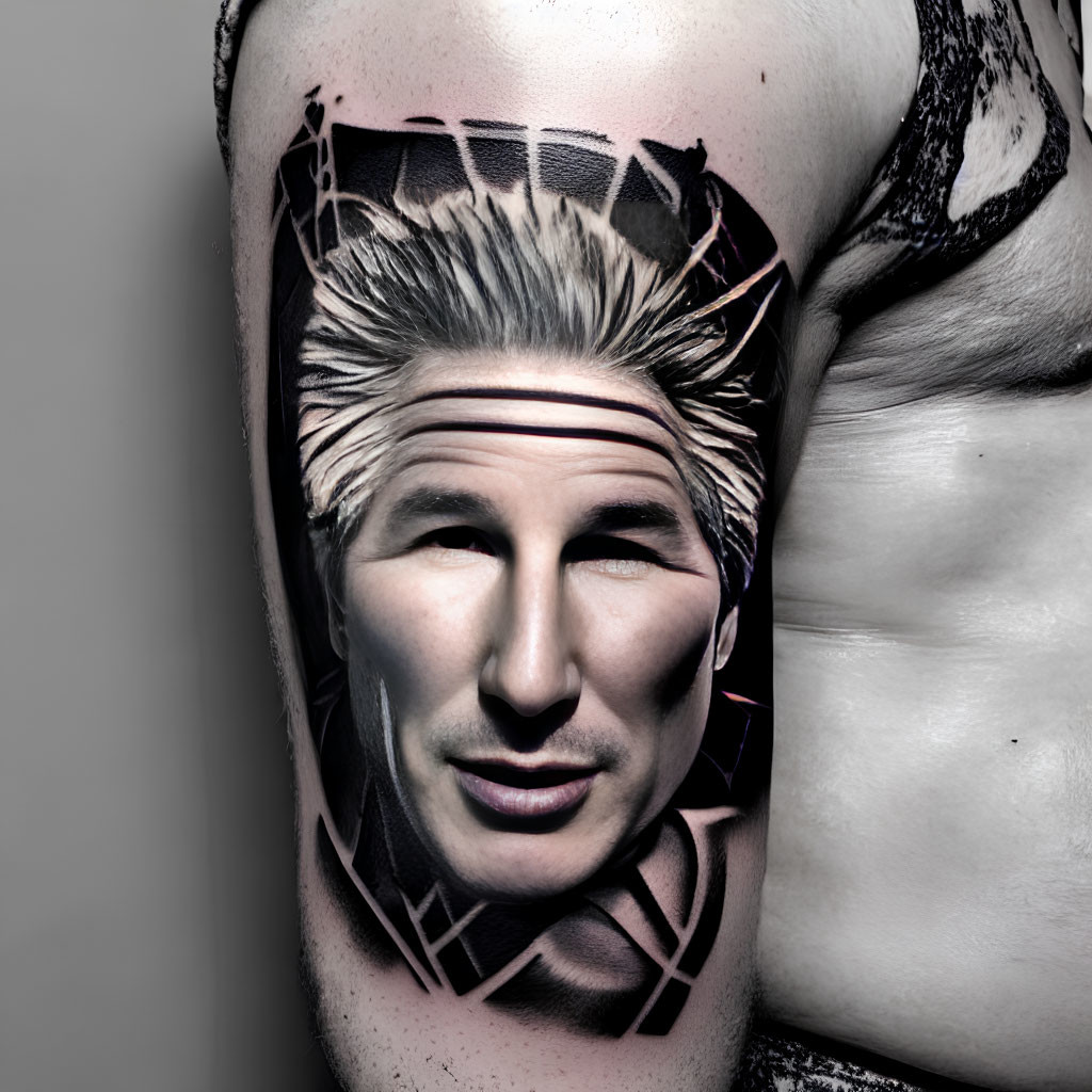 Detailed Black and Gray Stylized Male Face Tattoo on Upper Arm