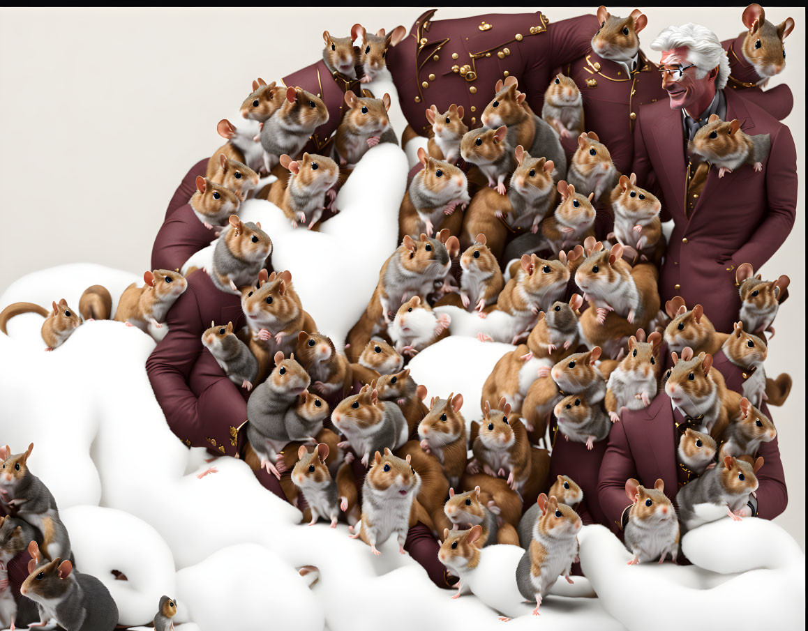 Elderly man in burgundy suit with animated chipmunks on white background