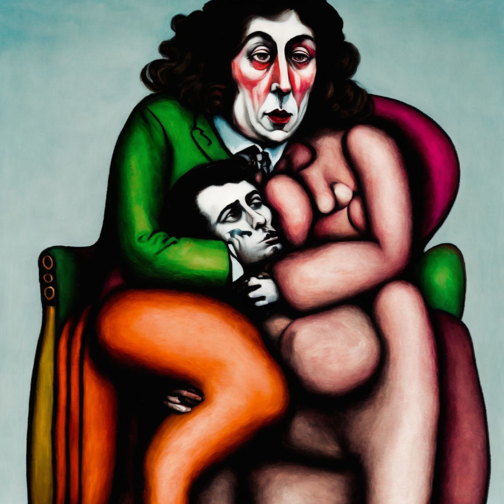 Colorful somber clown embracing smaller figure with exaggerated features.