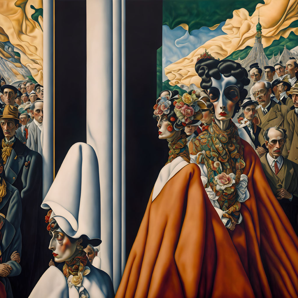 Surrealist Painting with Stylized Figures and Ornate Costumes