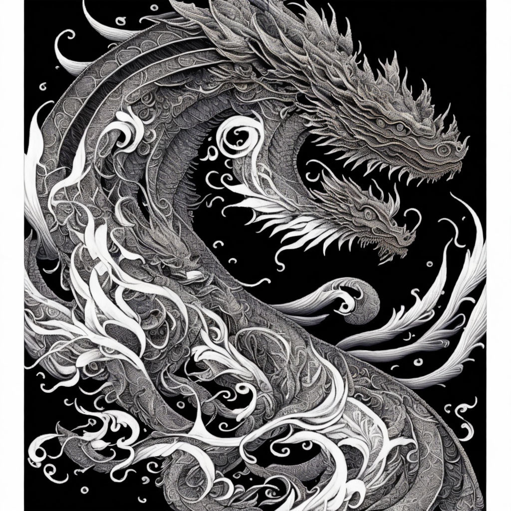 Detailed Monochromatic Dragon Illustration on Black Background