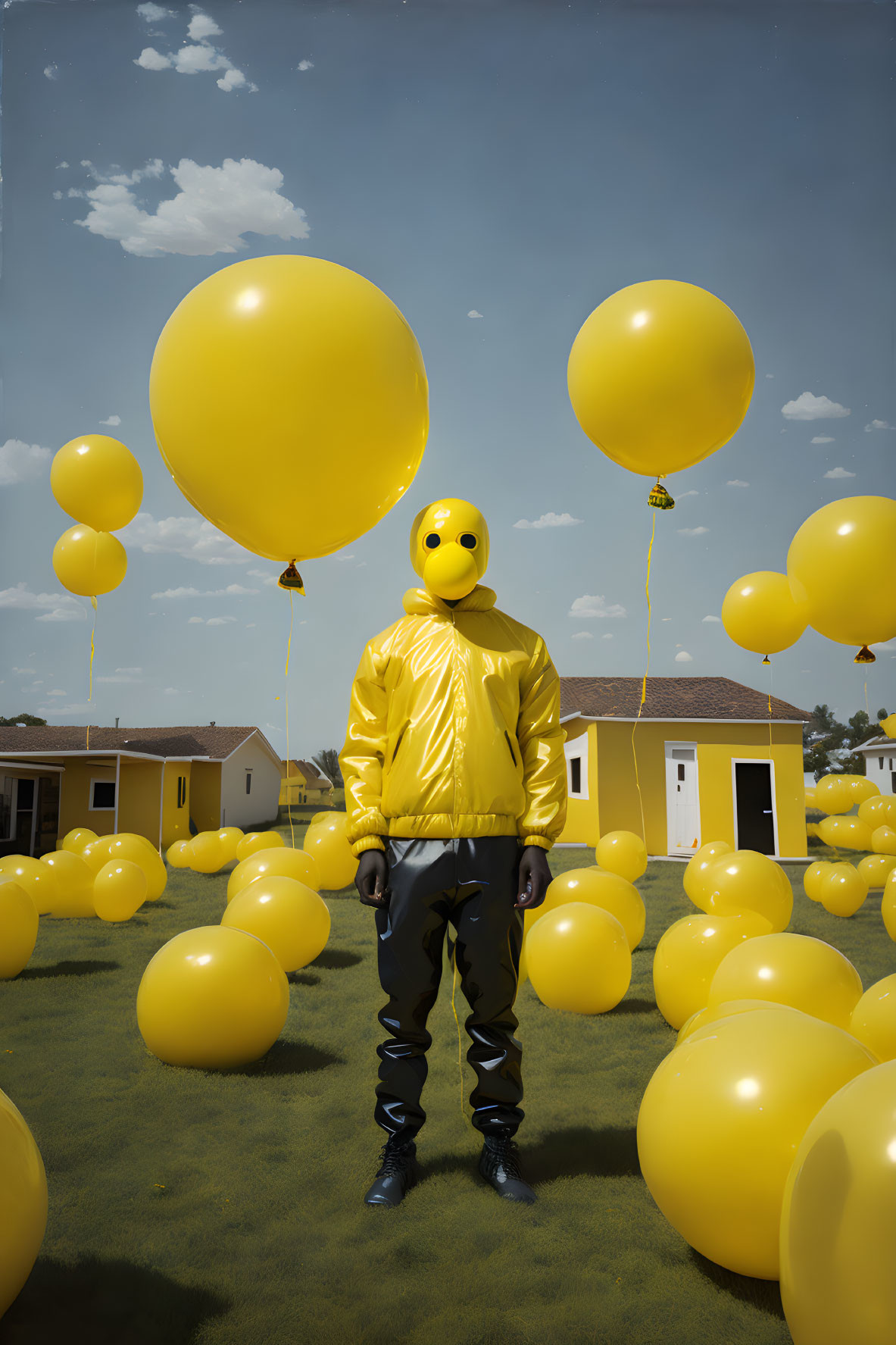 Yellow Masked Person Surrounded by Yellow Balloons in Field