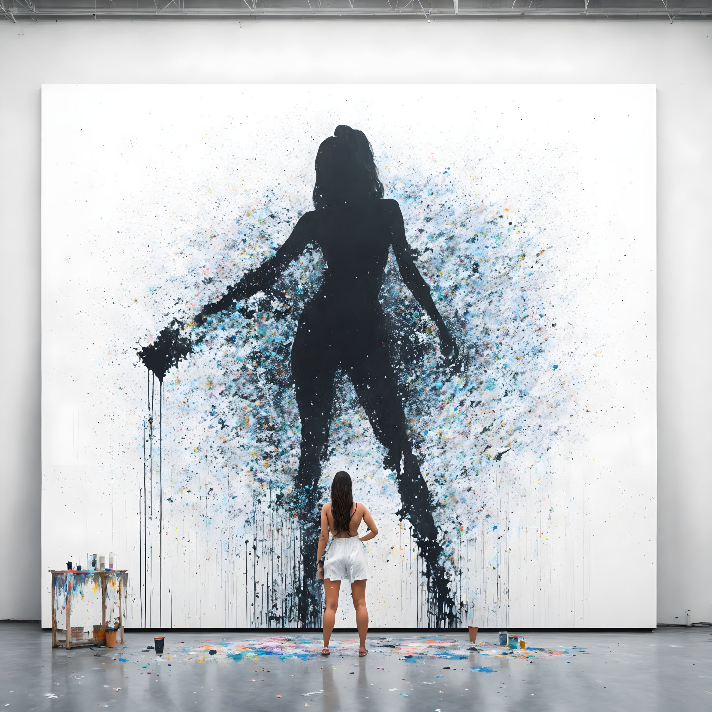 Wall-sized canvas featuring silhouette figure amid colorful splatters