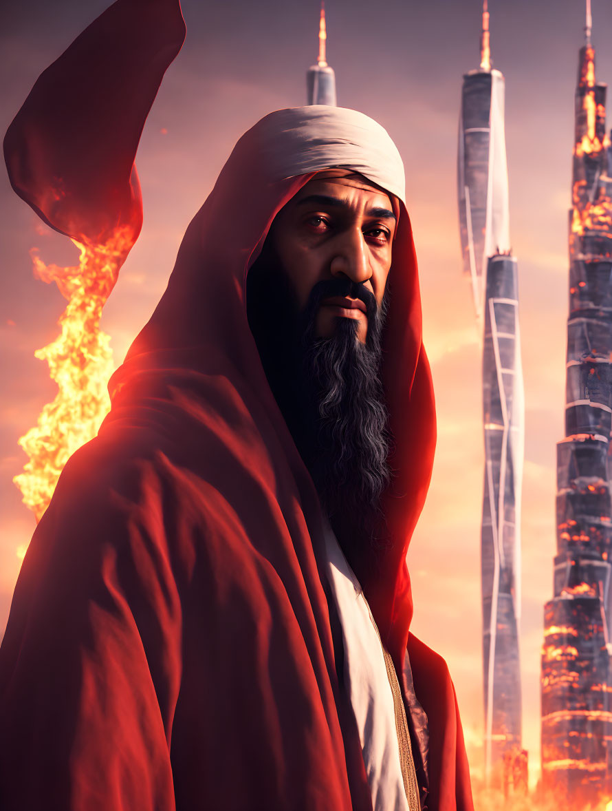 Man in Red Cloak and Turban in Intense Cityscape Portrait