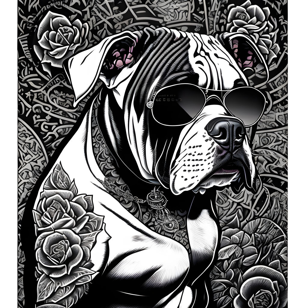 Stylized black and white dog with sunglasses and floral patterns